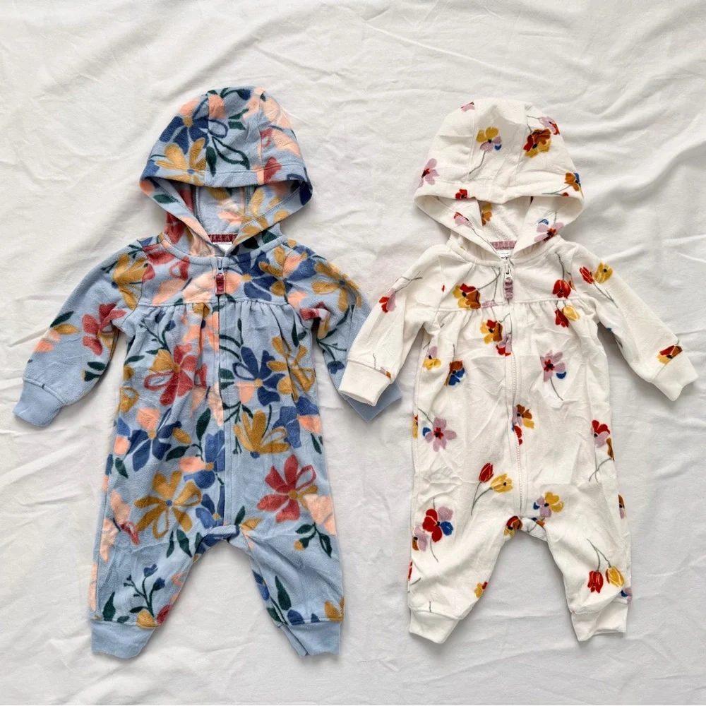 Carters Bundle | 2 Infant Girls Fleece Zip Hooded Jumpsuit | 3 months | Floral